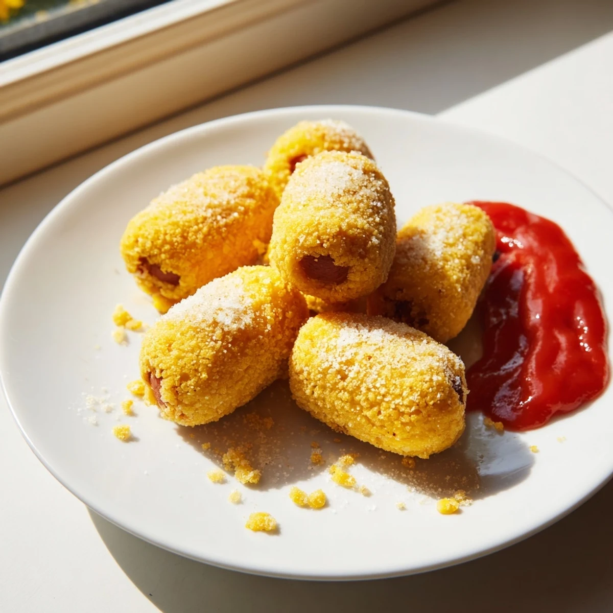 Golden-brown Super Bowl Corn Dog Nuggets with crispy batter, served with ketchup and mustard for dipping.