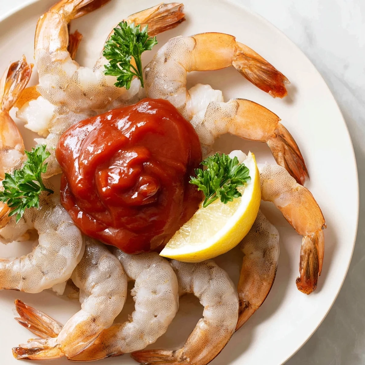 Plump poached shrimp arranged around a bowl of spicy homemade cocktail sauce for dipping, topped with fresh parsley sprigs.