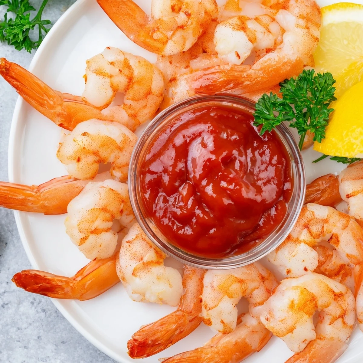 Romantic Shrimp Cocktail appetizer with tails-on shrimp, lemon slices, and a zesty sauce, ready for a special date night dinner.