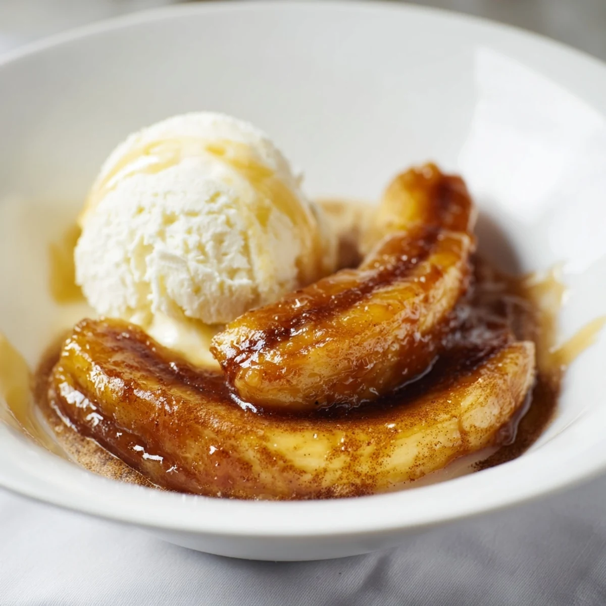 Warm Bananas Foster in caramel sauce spooned over vanilla ice cream in a white bowl.
