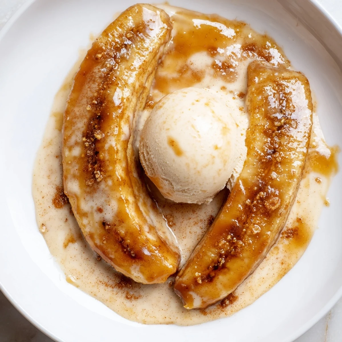 Golden Bananas Foster simmering in brown sugar sauce with a scoop of vanilla ice cream.
