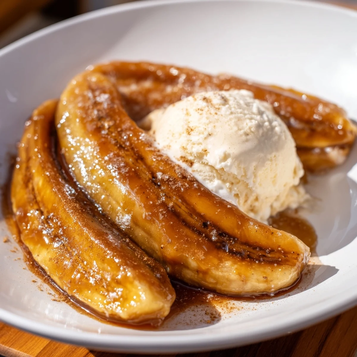 Freshly prepared Bananas Foster dessert, caramelized bananas over ice cream, ready to serve.