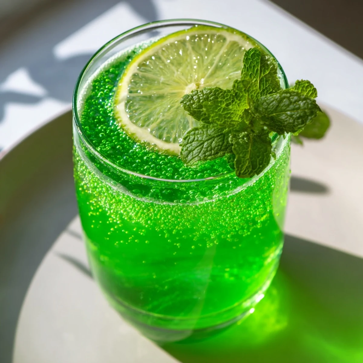 Bright green St. Patricks Day Green Beer Mocktail in a chilled pint glass, garnished with a fresh lime wheel. 