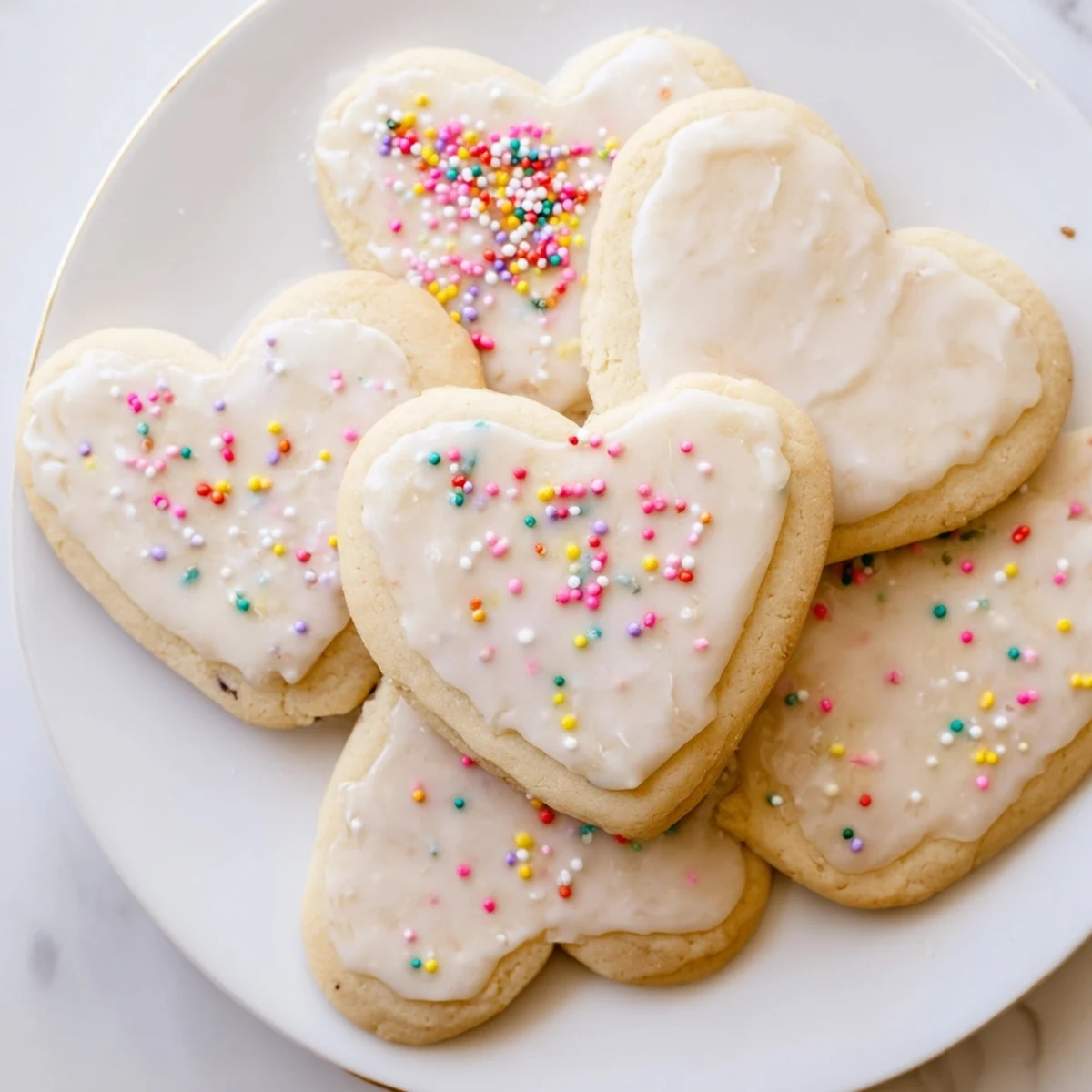 Frosted Sweetheart Sugar Cookies on a white plate with fresh strawberries and a glass of milk.
