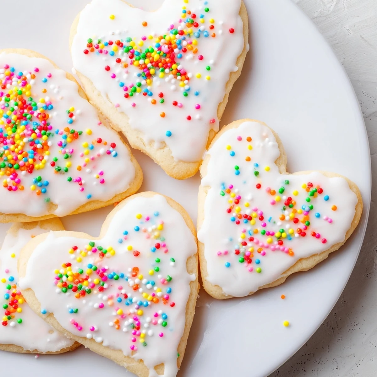Freshly baked Sweetheart Sugar Cookies with golden edges, topped with pink icing and red sprinkles.
