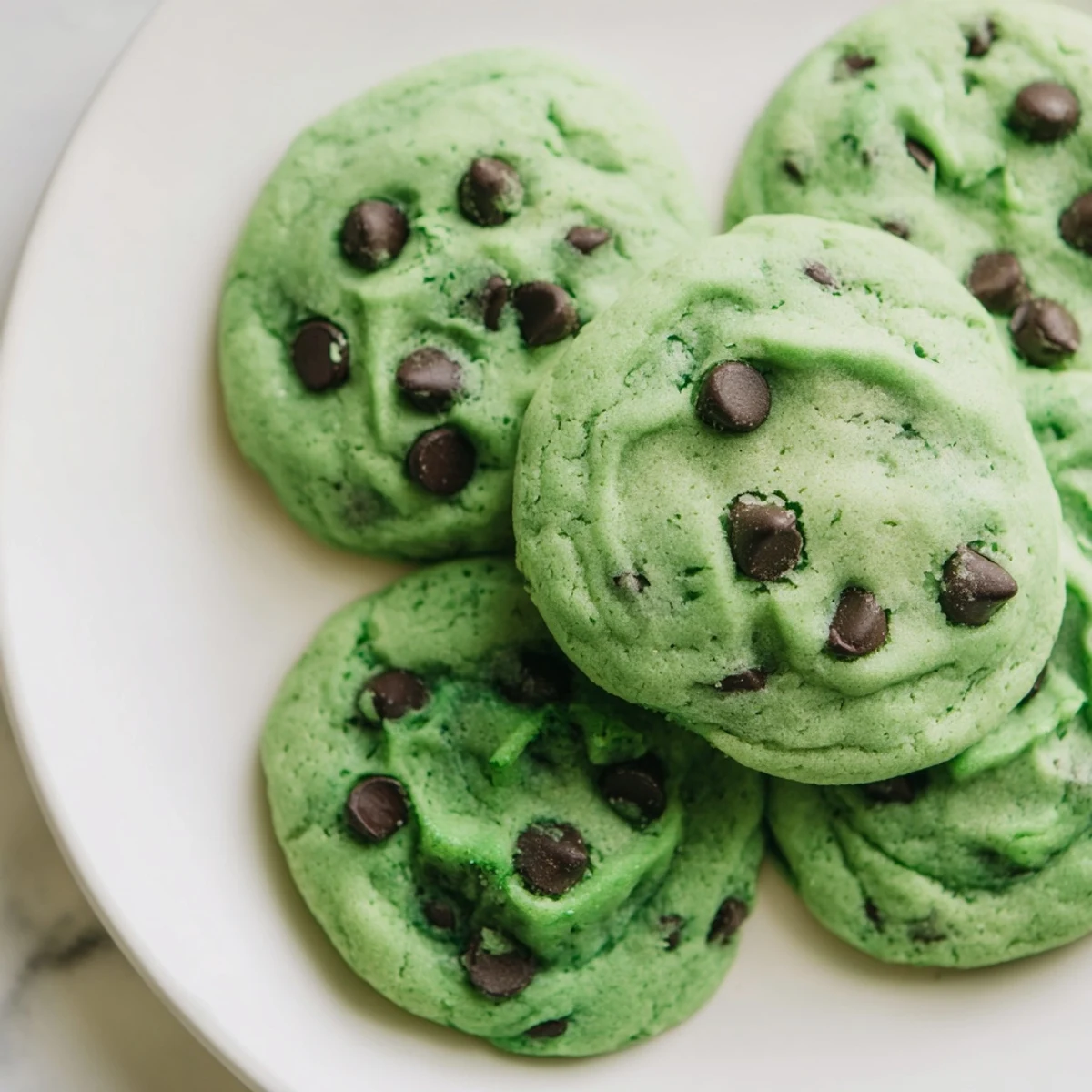A close-up of vibrant Green Mint Chocolate Chip Cookies with melted chocolate chips on a parchment-lined baking sheet.