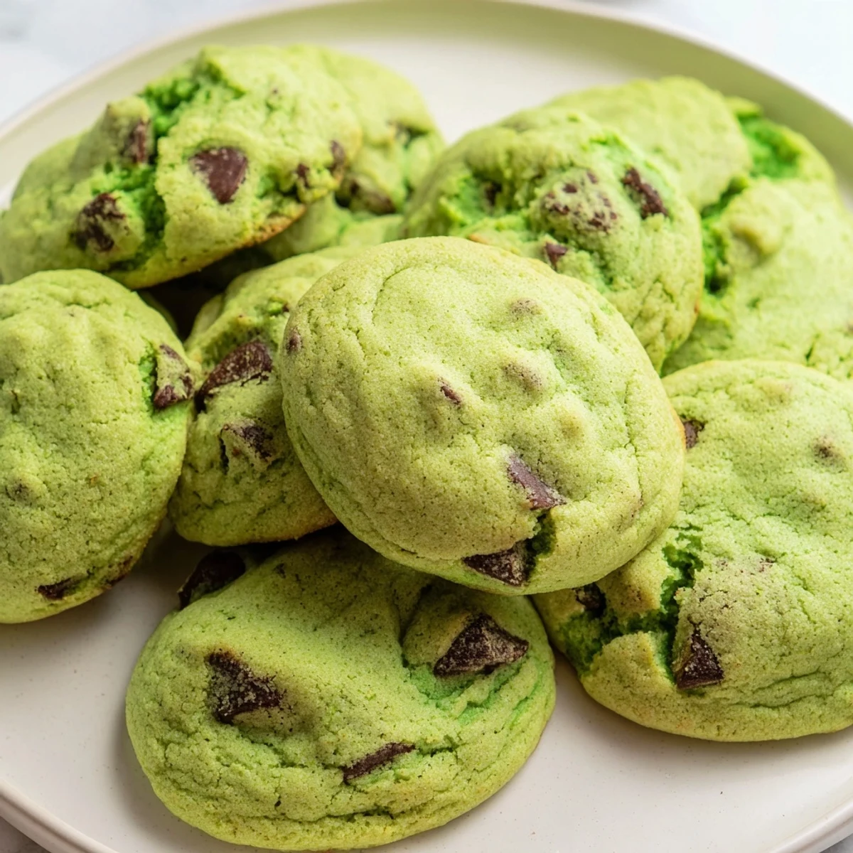 Plate of soft, chewy Green Mint Chocolate Chip Cookies drizzled with white chocolate, perfect for St. Patrick's Day.