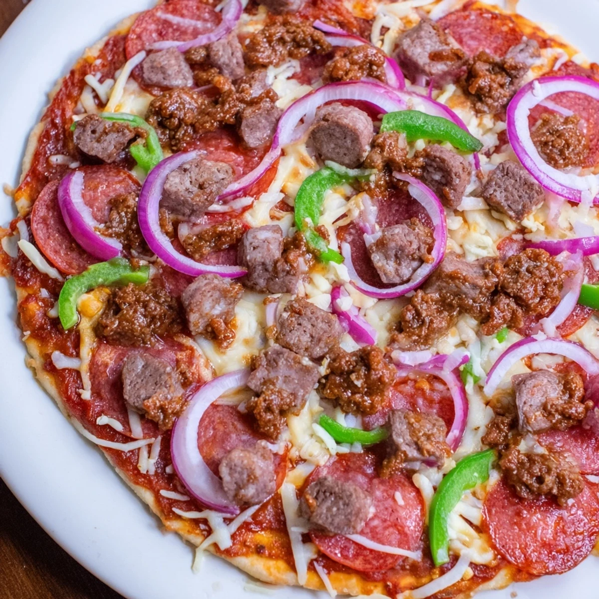Golden-brown MVP Meat Lover Pizza fresh from the oven, topped with halal beef pepperoni, sausage, and melted mozzarella.