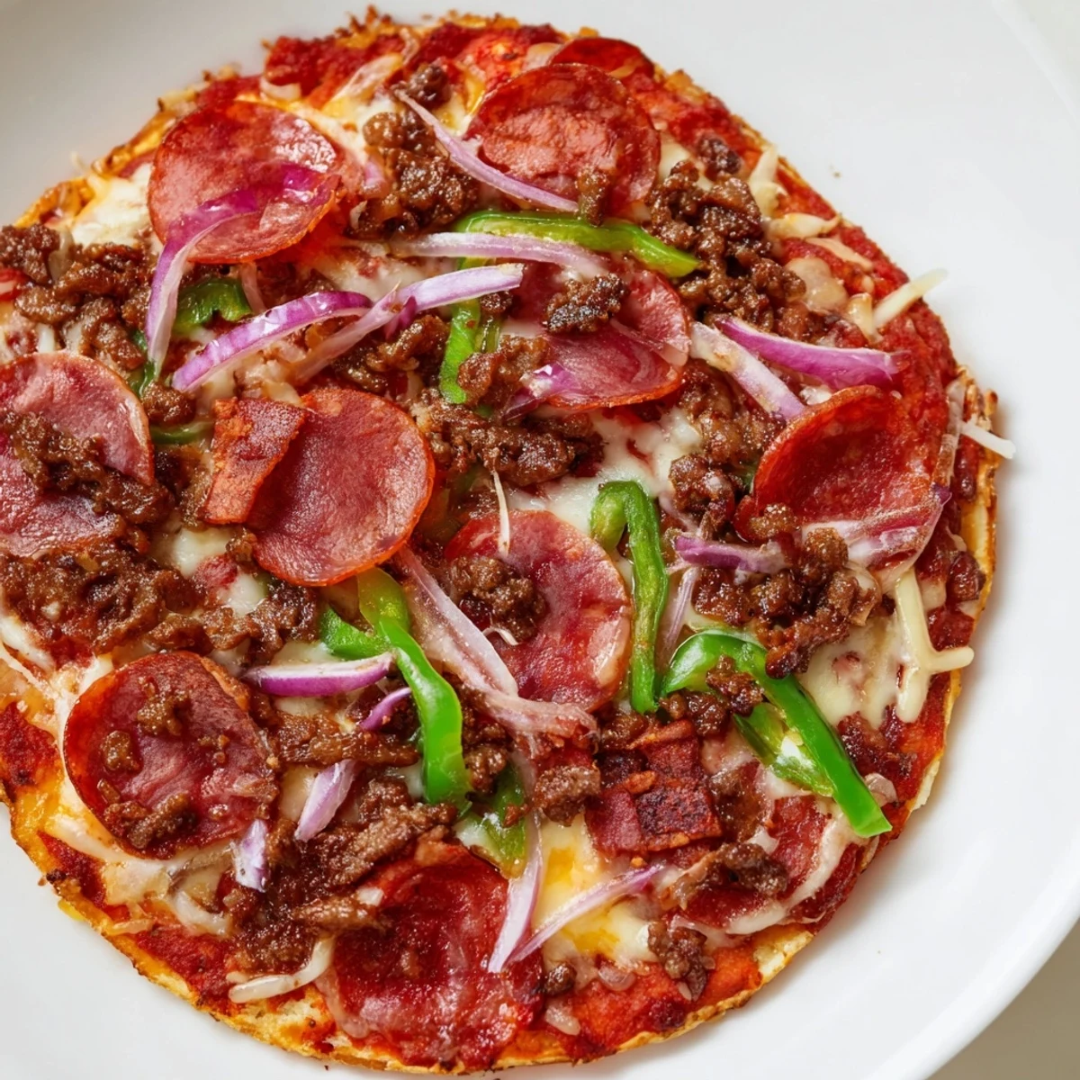 Freshly baked MVP Meat Lover Pizza with vibrant bell peppers and red onions on a rustic wooden cutting board.