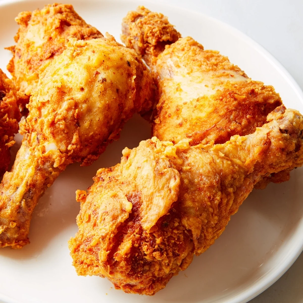 Golden-brown Cajun Fried Chicken pieces resting on a wire rack, showing juicy meat peeking through the crispy, spicy breading.