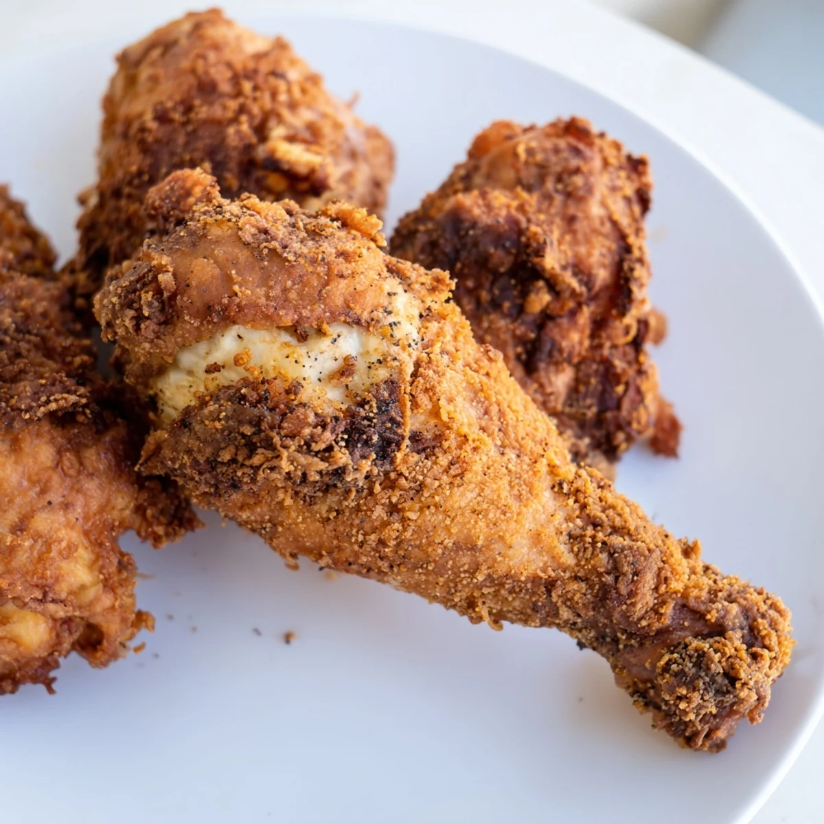 Freshly fried Cajun Fried Chicken served with coleslaw and pickles on a rustic wooden platter for a classic meal.