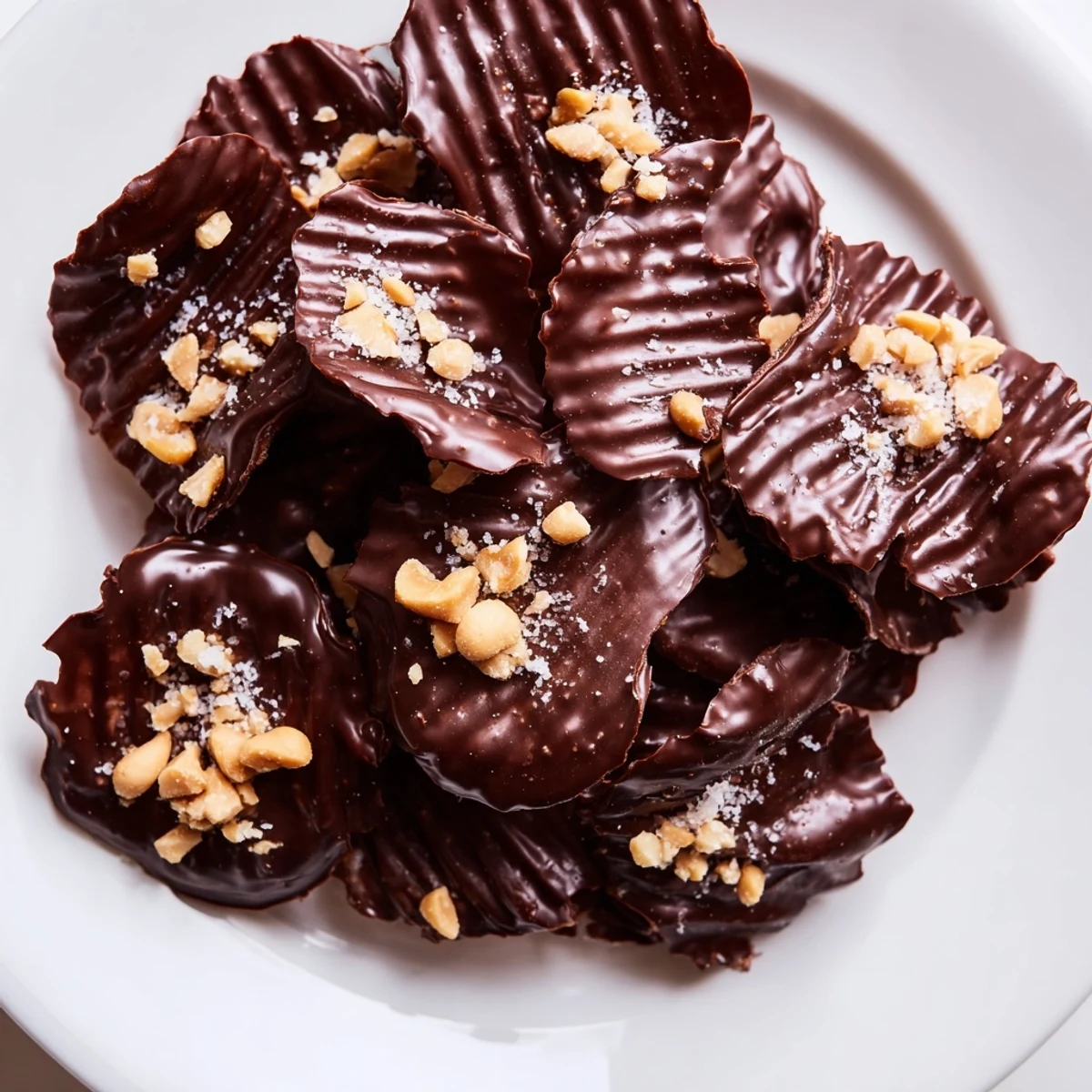 Homemade chocolate covered potato chips arranged on a cooling rack, garnished with crushed peanuts and sea salt flakes for a sweet and salty snack.