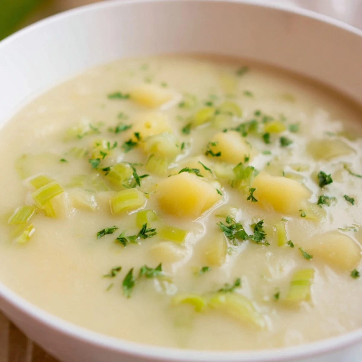 Creamy Irish Leek and Potato Soup steaming in a rustic bowl, garnished with fresh parsley and a swirl of cream for a cozy meal.