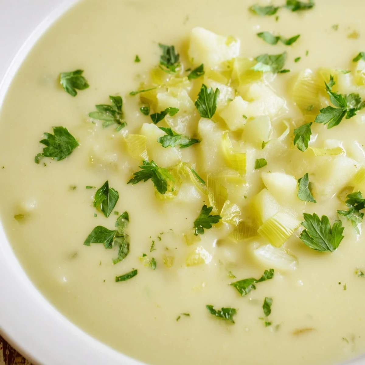 Rustic bowl of Irish Leek and Potato Soup topped with chopped parsley and a slice of crusty bread alongside for dipping.