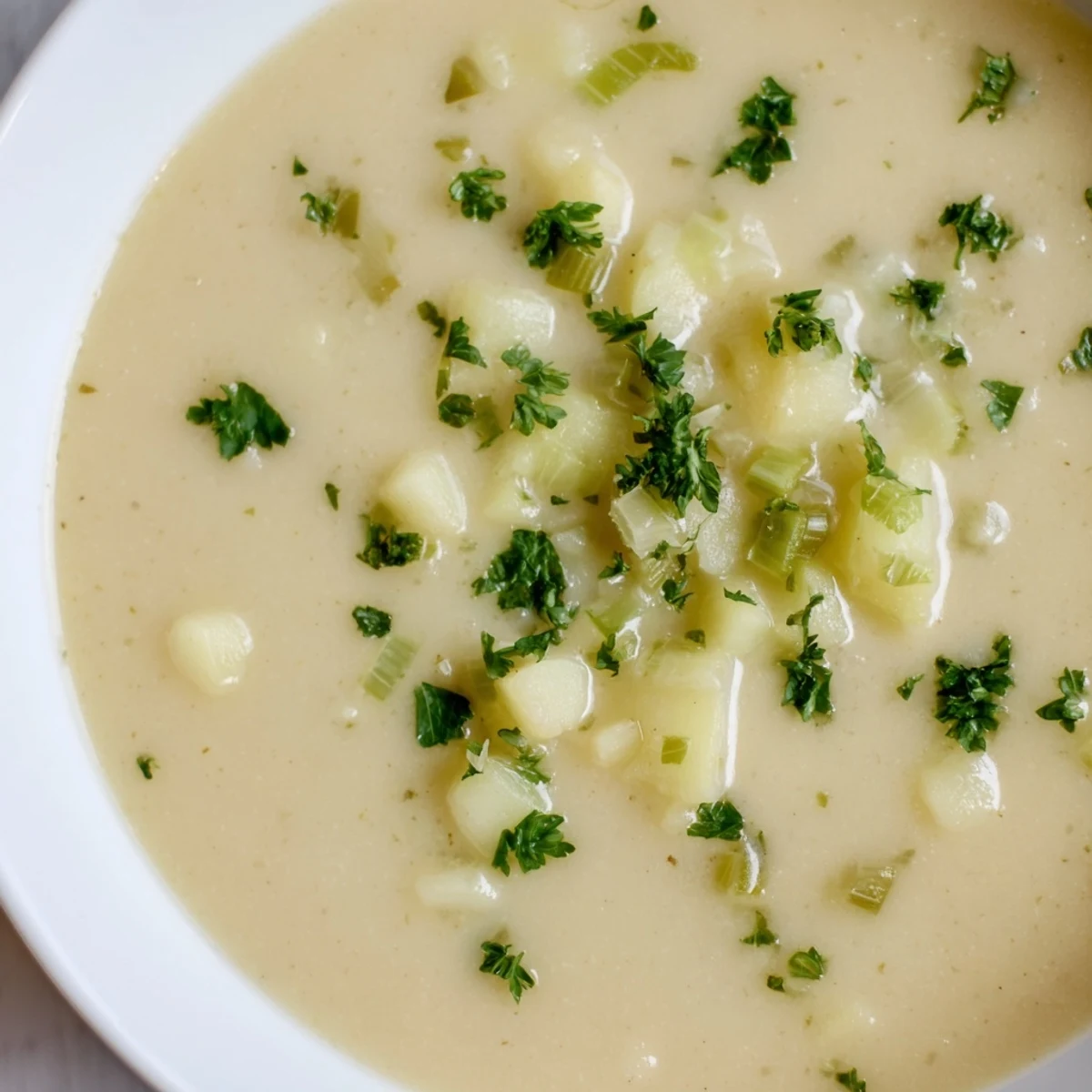 Velvety Irish Leek and Potato Soup served in a ceramic mug, garnished with fresh parsley, perfect for chilly evenings.