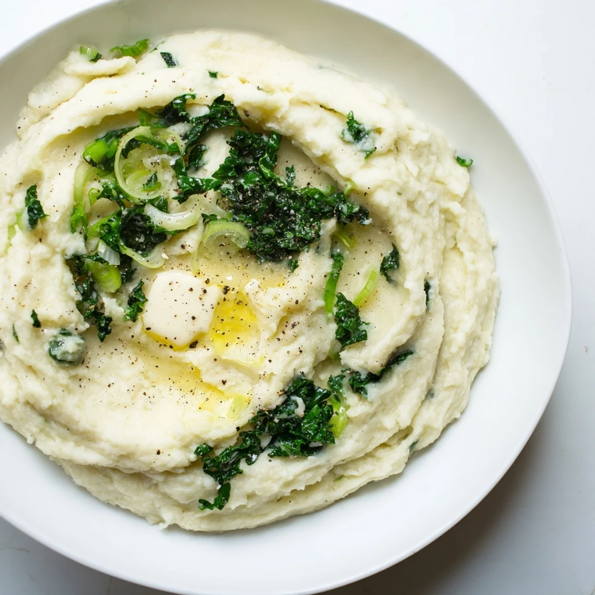 Hearty bowl of Irish Colcannon Mashed Potatoes with Kale mixed with scallions for St. Patrick's Day.