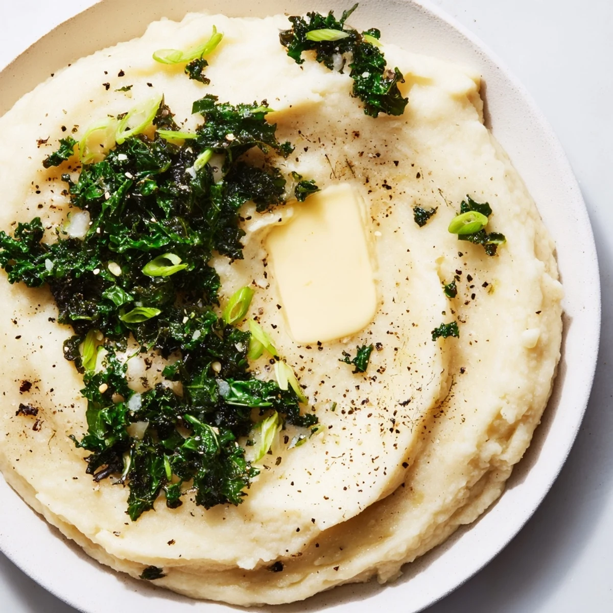Creamy Irish Colcannon Mashed Potatoes with Kale served hot with a melting pat of butter.