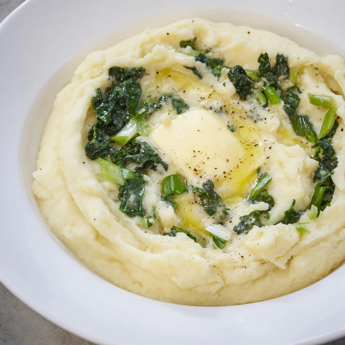 St. Patrick's Day side dish: Irish Colcannon Mashed Potatoes with Kale on a rustic wooden table.