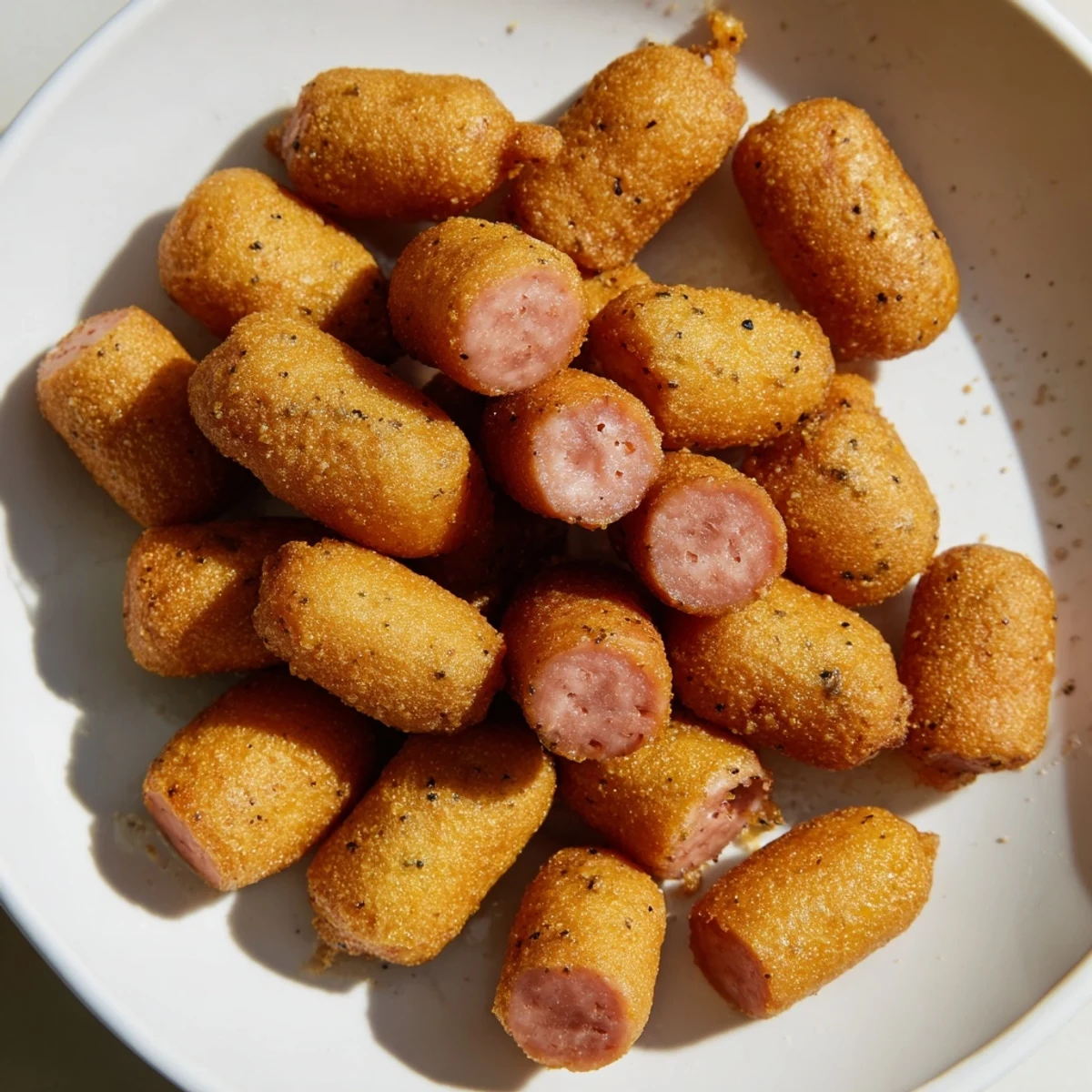 Savory Mini Corn Dogs with Beef Franks are skewered on toothpicks, served with dipping sauces for a classic party snack.