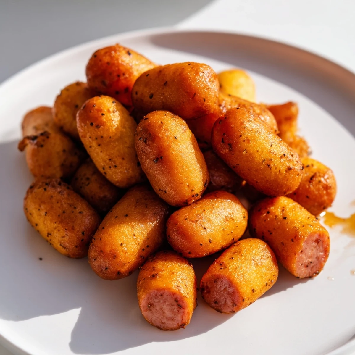 Freshly fried Mini Corn Dogs with Beef Franks on a wooden board, golden batter crispy next to ketchup and mustard.