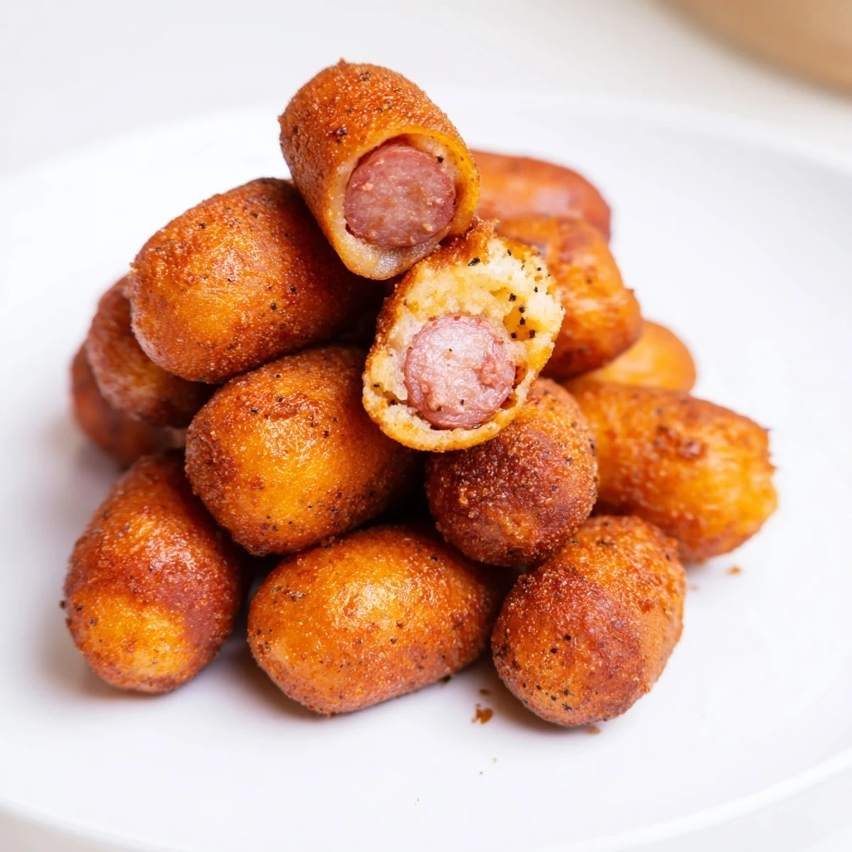 Mini Corn Dogs with Beef Franks are presented on a white plate, ready to eat with a side of tangy mustard.