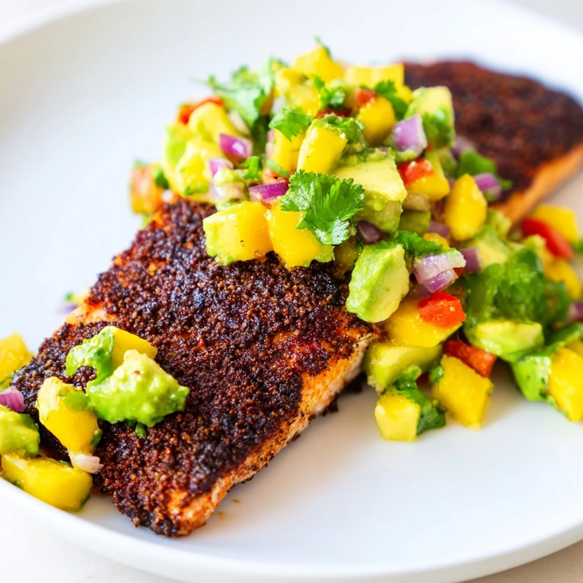 Blackened Salmon with Mango Avocado Salsa topped with vibrant diced mango and avocado, served on a white plate.