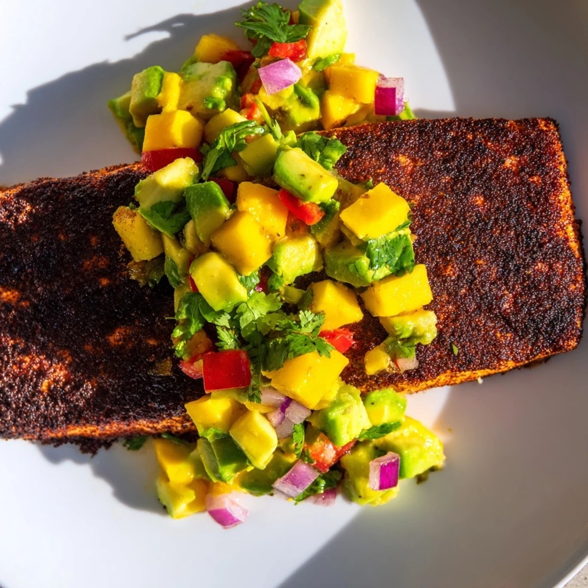 A cast-iron seared Blackened Salmon with Mango Avocado Salsa garnished with fresh cilantro and lime wedges.