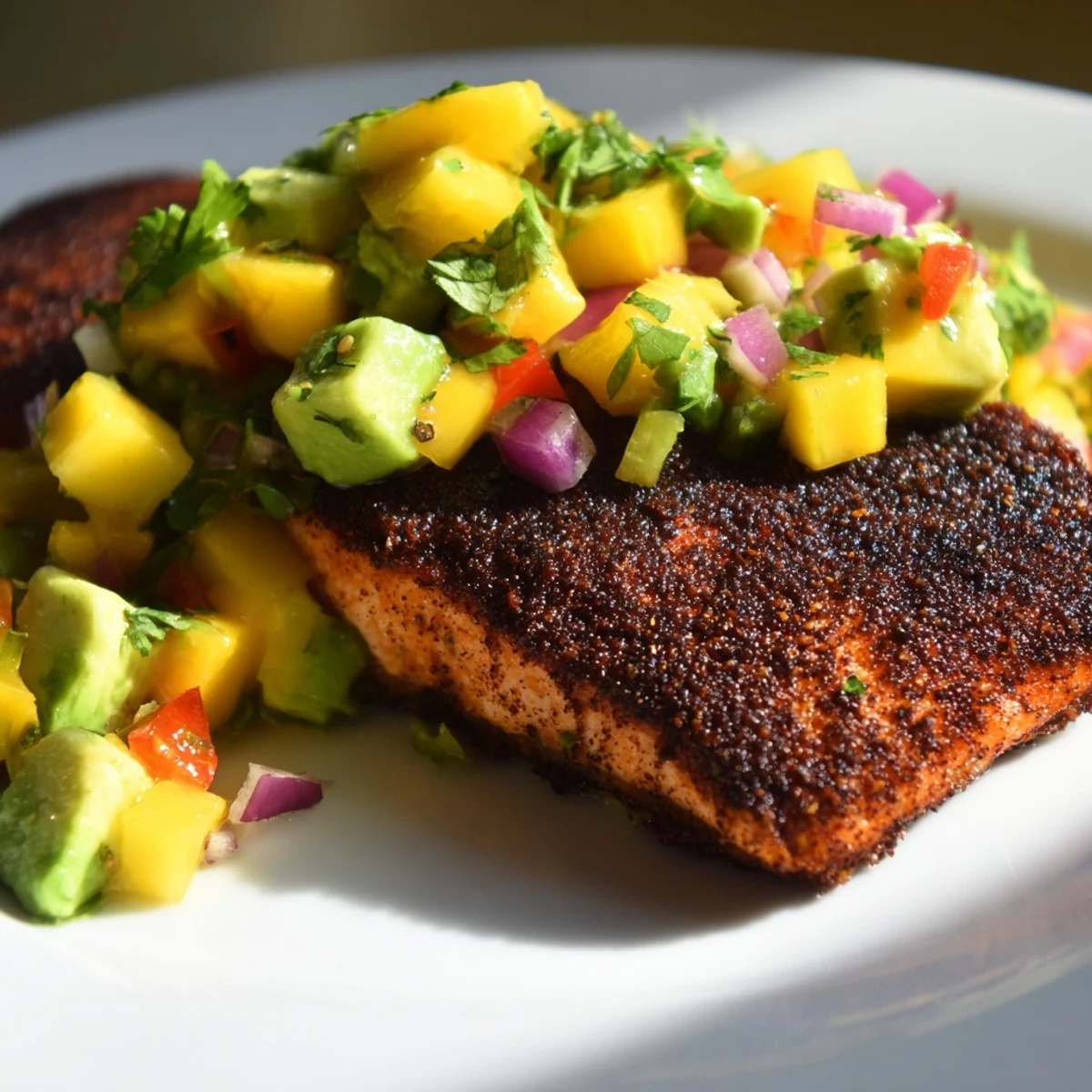 Close-up on flaky fish and chunky salsa for Blackened Salmon with Mango Avocado Salsa beside fluffy rice.