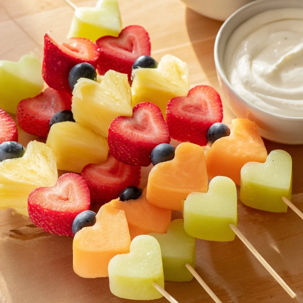 A close-up of a Sweetheart Fruit Skewer held over a creamy yogurt dip, showcasing vibrant fruit and a refreshing, party-ready presentation.