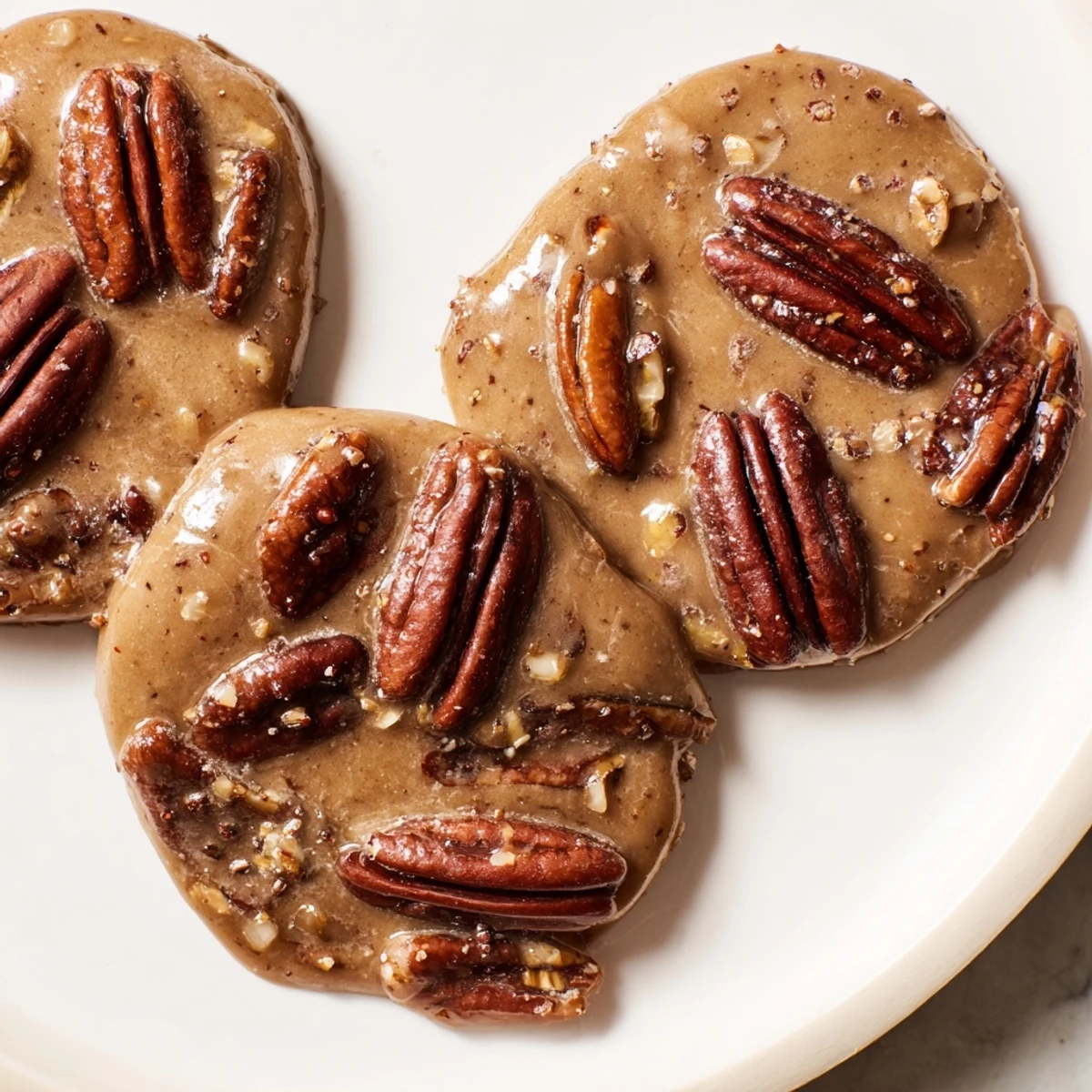 Glossy Mardi Gras Pecan Pralines cooling on parchment, showing creamy, caramelized texture and toasted halves.