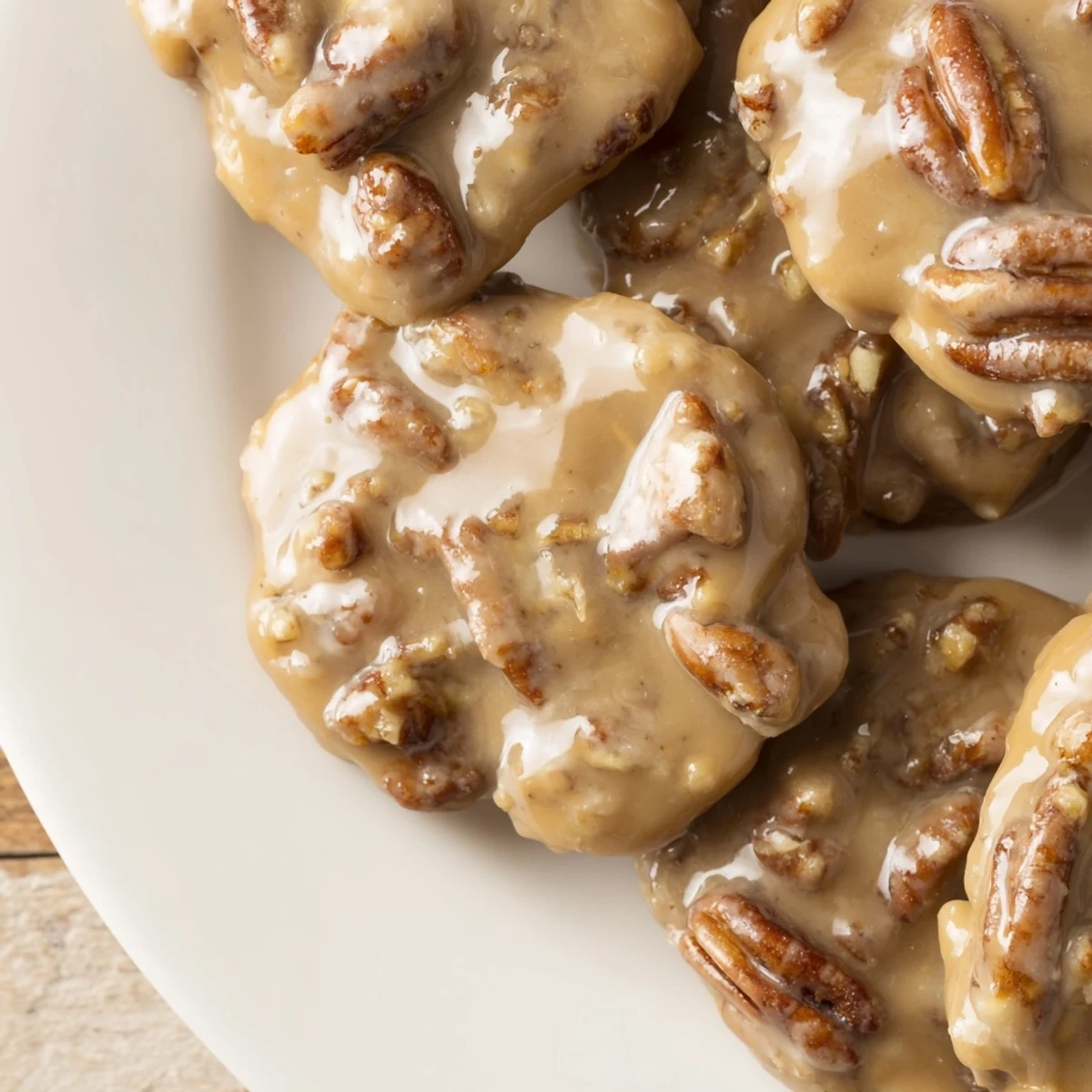 Freshly made Mardi Gras Pecan Pralines arranged like beads, with brown sugar glaze and buttery aroma.
