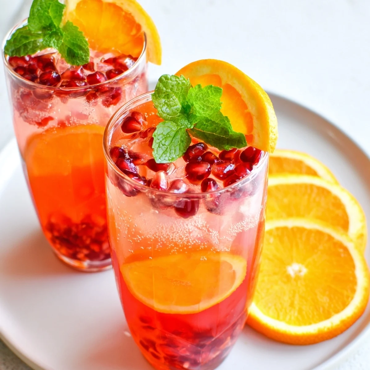 Love Potion Pomegranate Fizz Mocktail served over ice with vibrant pomegranate seeds and a fresh orange slice garnish.