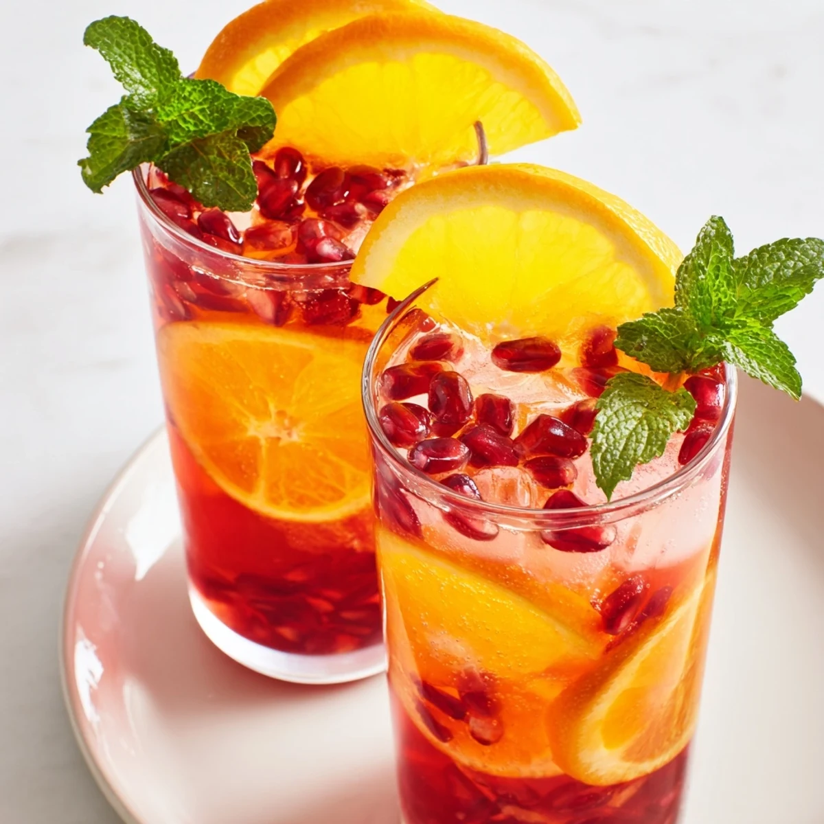 A chilled Love Potion Pomegranate Fizz Mocktail with sparkling bubbles, lemon zest, and a sprig of fresh mint on top.