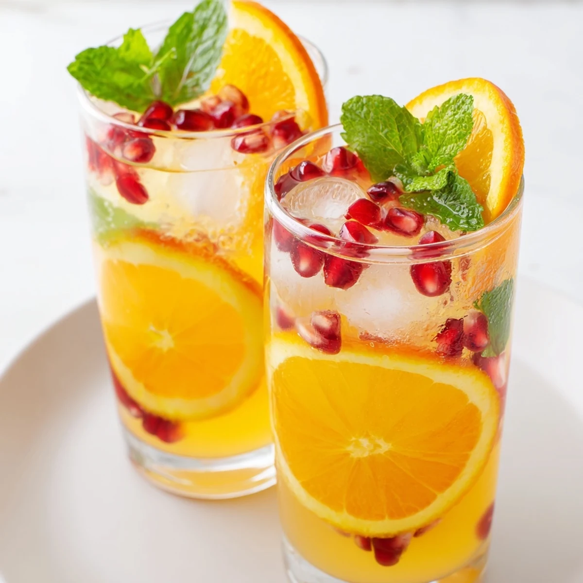 Two glasses of Love Potion Pomegranate Fizz Mocktail garnished with citrus wheels and seeds, perfect for a romantic toast.