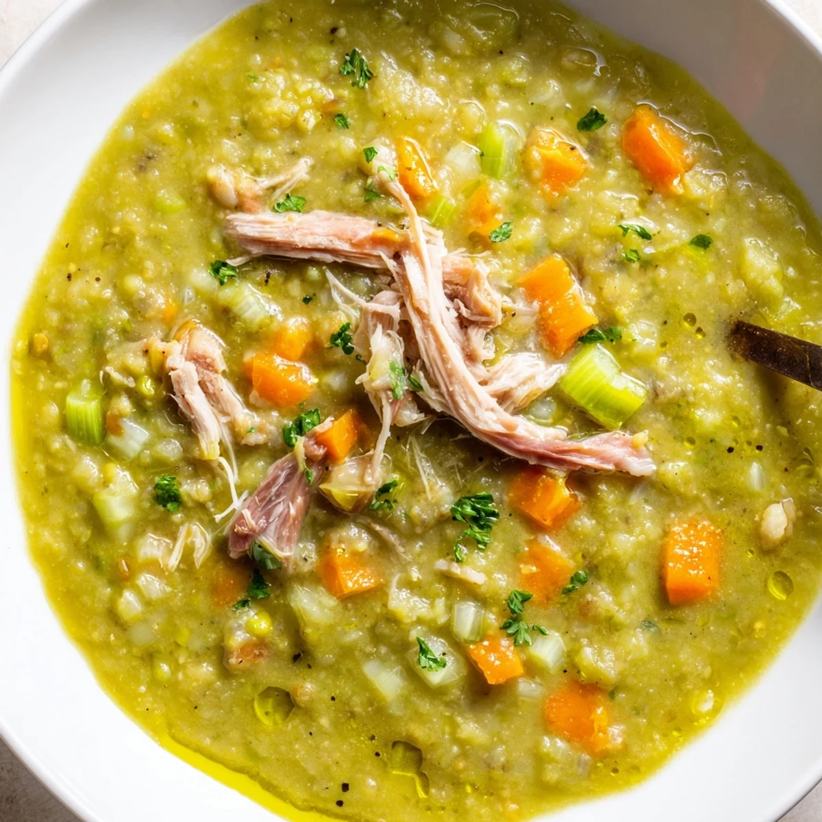 A bowl of Green Split Pea Soup with Smoked Turkey, topped with fresh parsley and served with crusty bread.