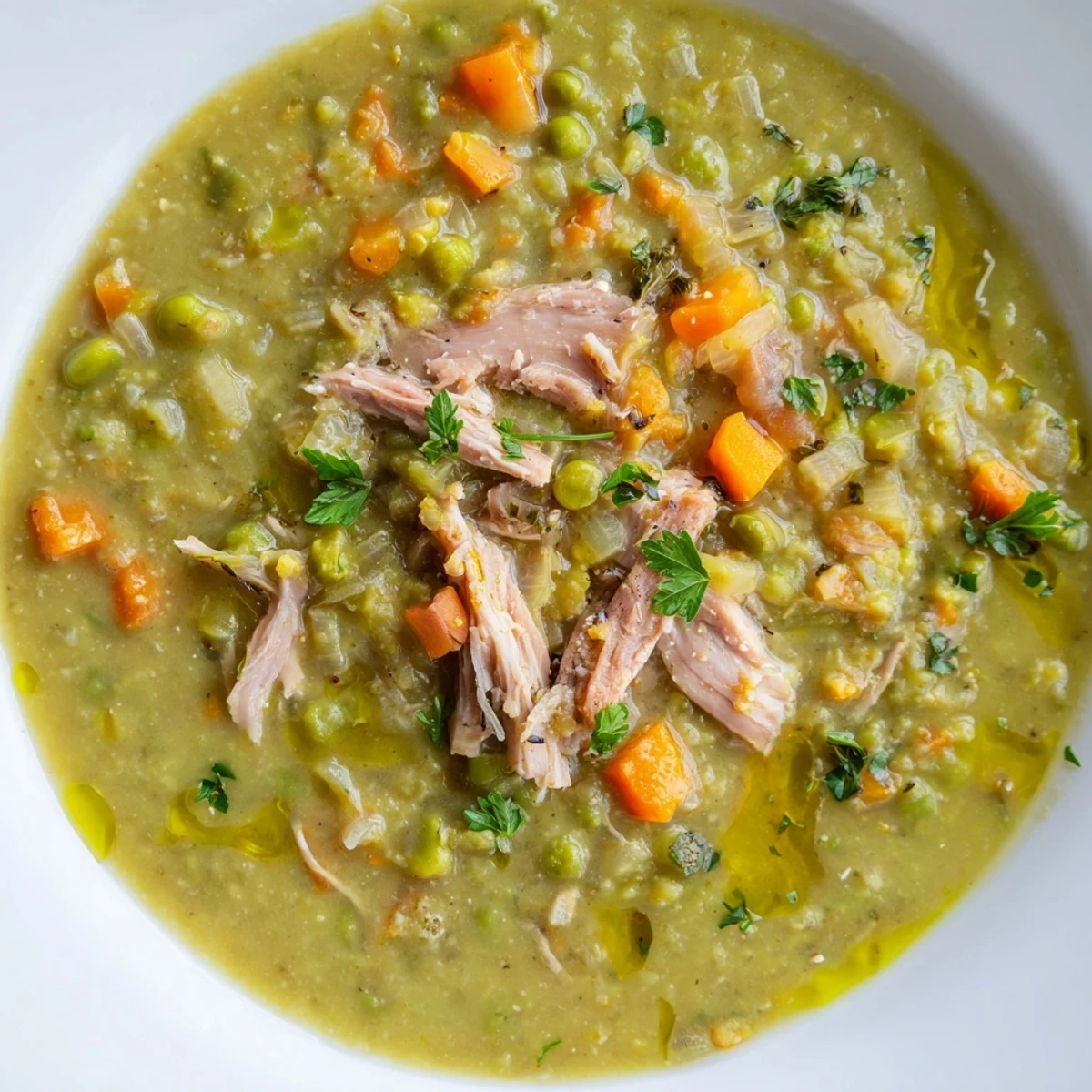 Creamy Green Split Pea Soup with Smoked Turkey steaming in a rustic bowl, surrounded by carrots and fresh herbs.