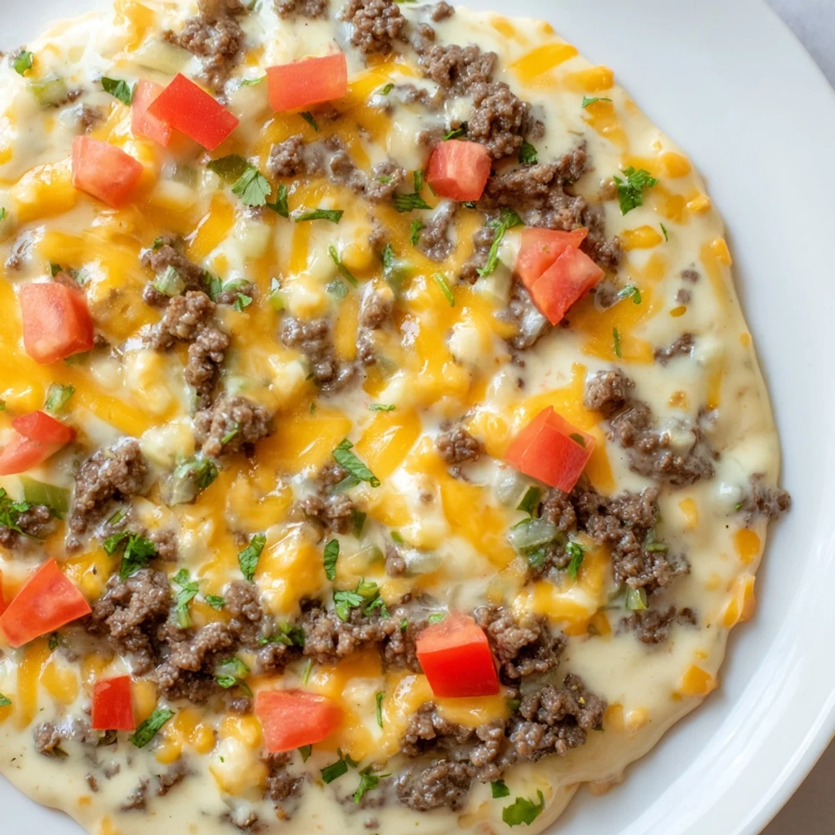 Warm Beef Queso Dip with seasoned ground beef, melted cheese, and chopped cilantro served with tortilla chips.