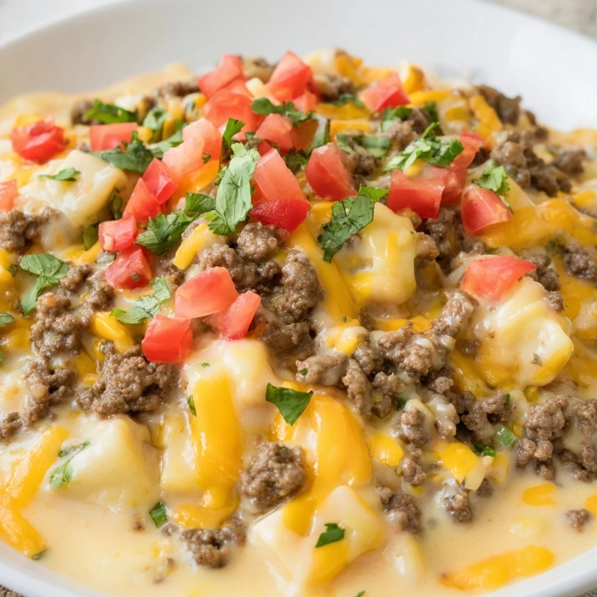 Creamy Tex-Mex Beef Queso Dip with ground beef and cheddar, garnished with cilantro for a party-ready appetizer.