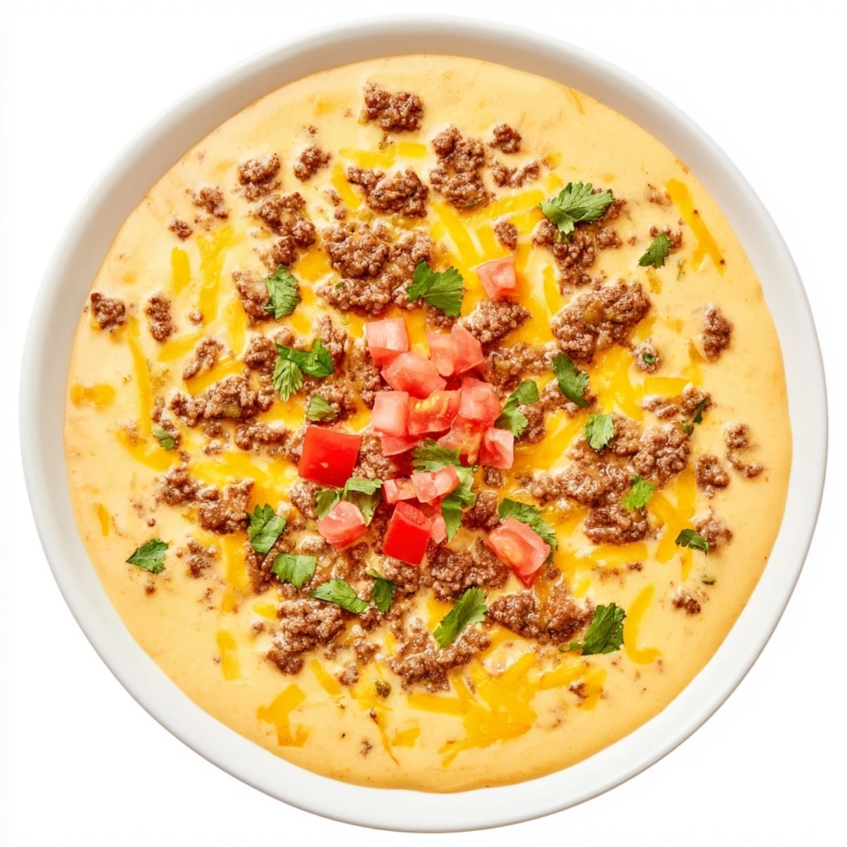 Savory Beef Queso Dip bubbling in a bowl, topped with diced tomato and jalapeño beside crispy tortilla chips.