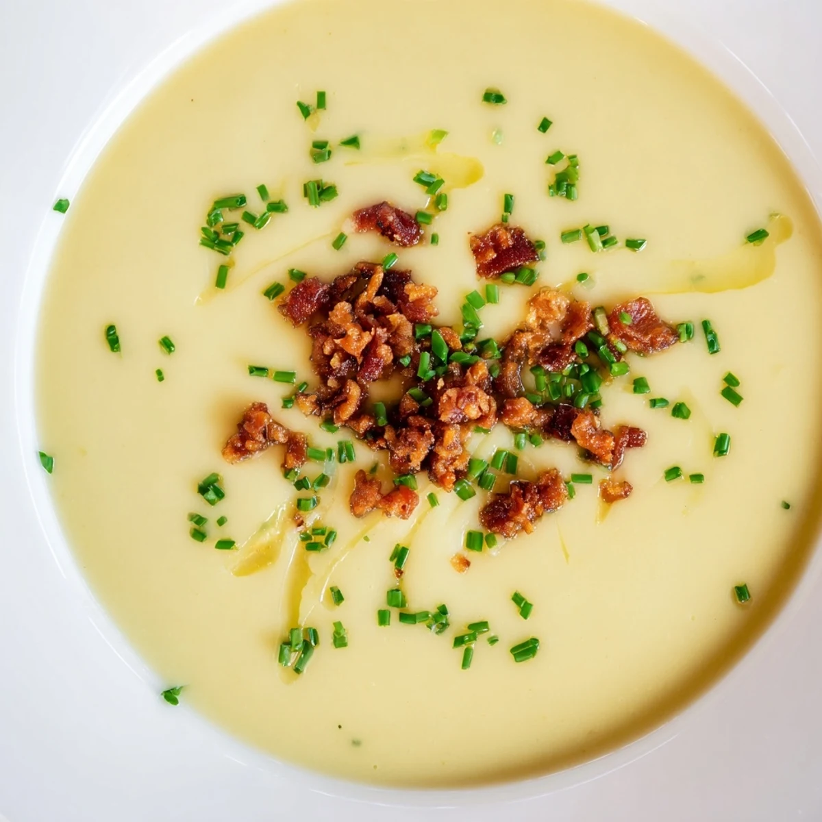 Creamy Potato and Leek Soup with Turkey Bacon served in a rustic bowl, garnished with fresh chives and a swirl of cream for a cozy, comforting meal.