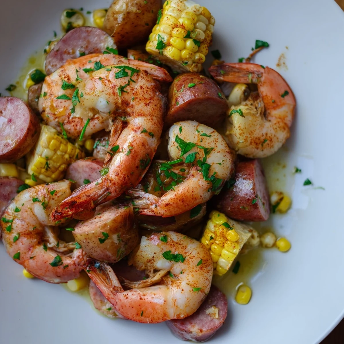 A close-up of Sheet Pan Shrimp Boil with Corn and Old Bay, featuring juicy shrimp and roasted corn on a single pan.  