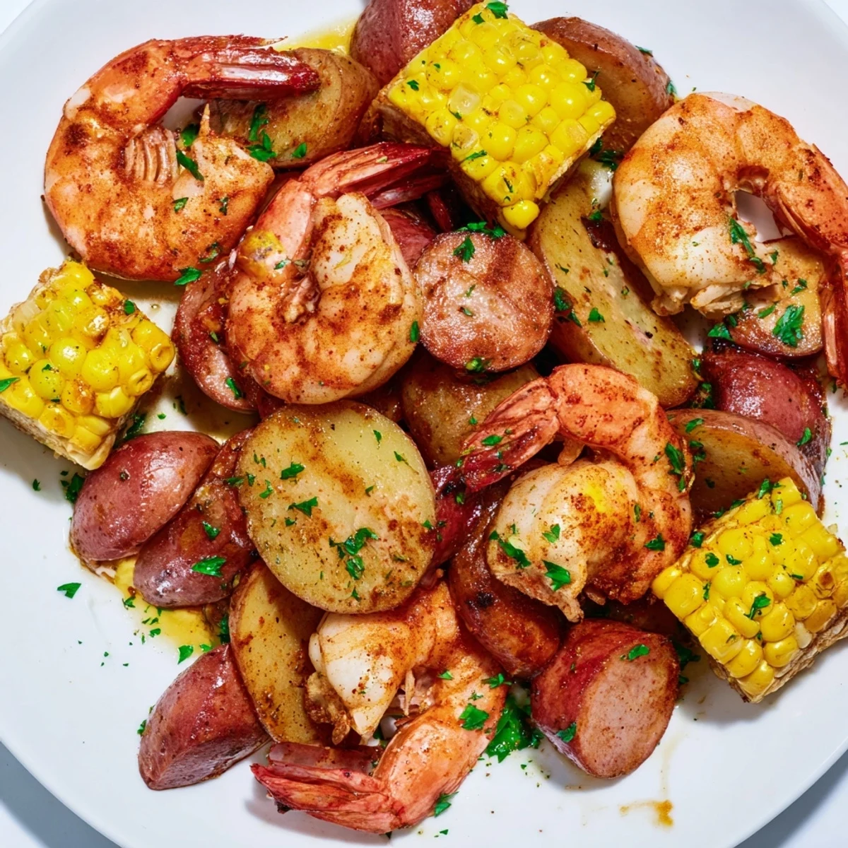 A vibrant sheet pan dinner of Sheet Pan Shrimp Boil with Corn and Old Bay, served with lemon wedges and fresh parsley garnish.  