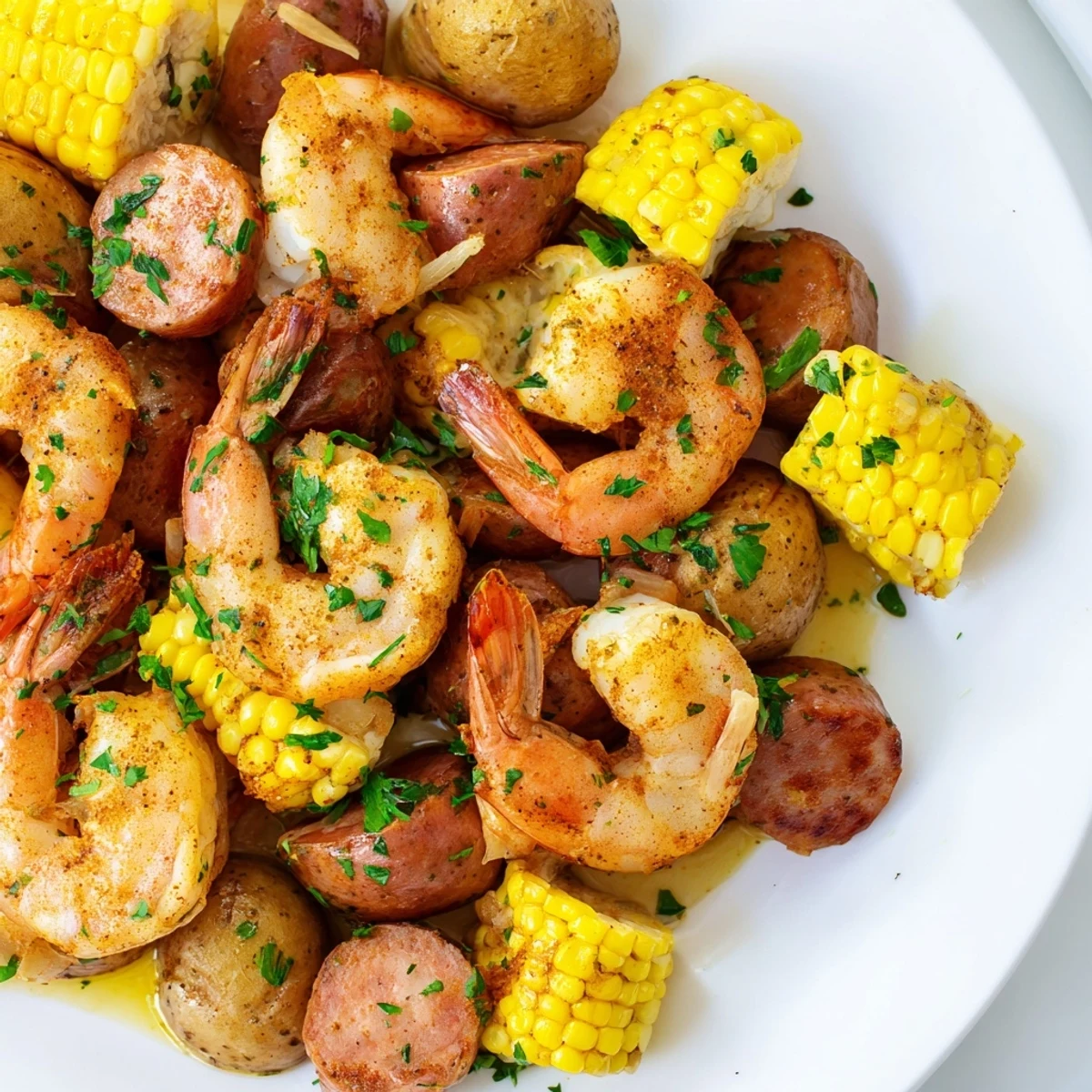 Easy one-pan Sheet Pan Shrimp Boil with Corn and Old Bay, packed with shrimp, sausage, potatoes, and spiced corn.