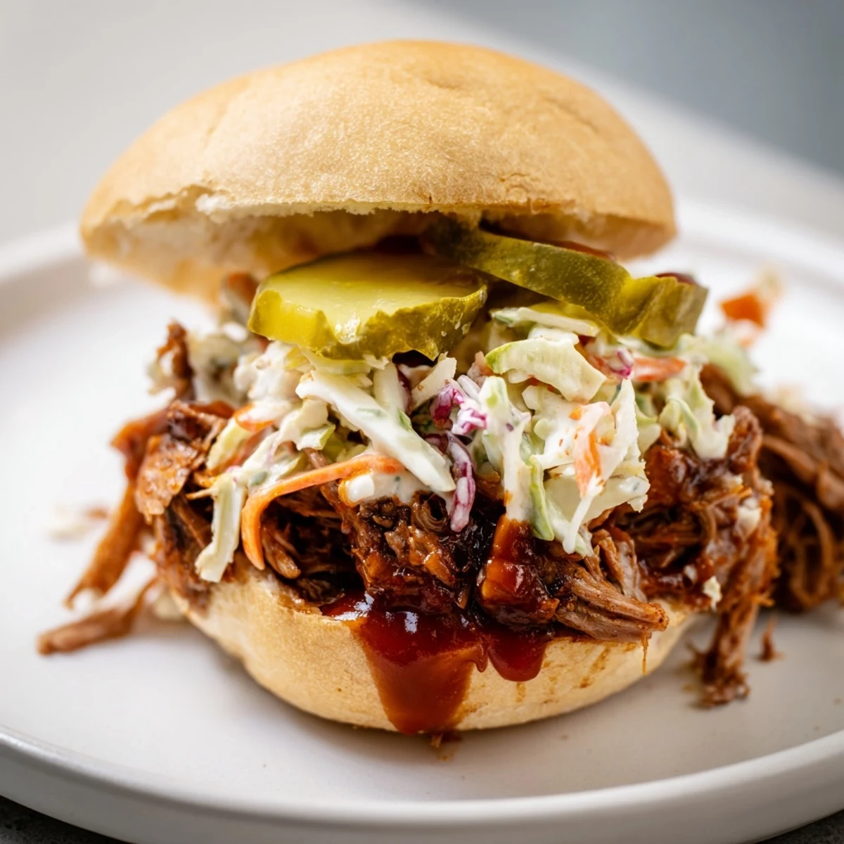Juicy, smoky brisket sliders featuring tender shredded meat, crisp homemade coleslaw, and fresh pickles, perfect for a casual dinner or backyard gathering.