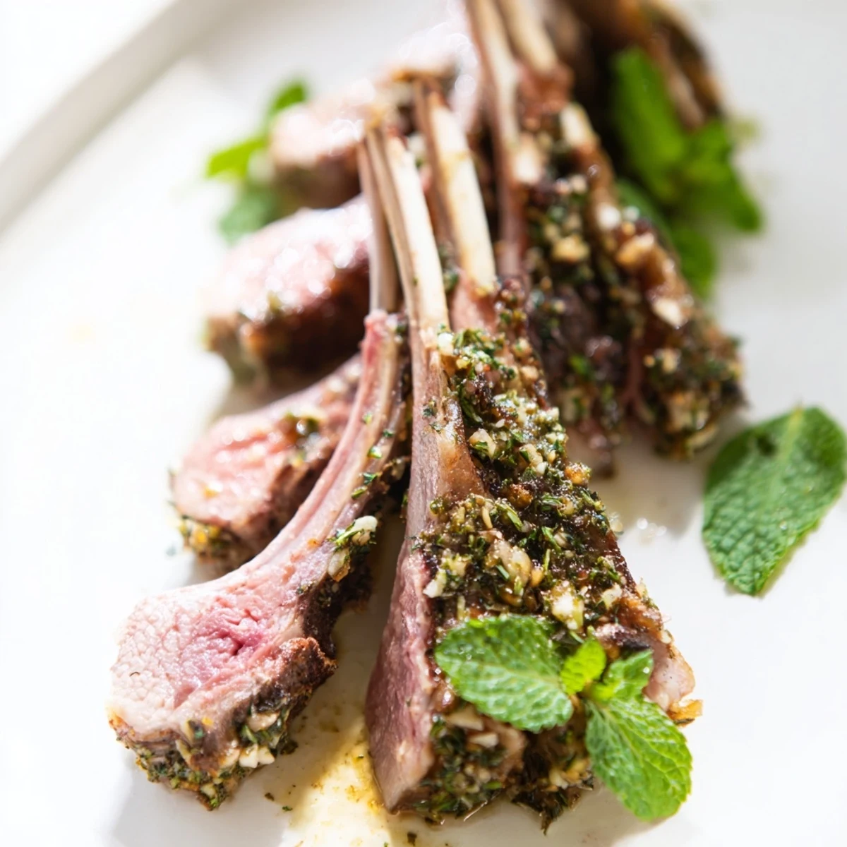 Freshly roasted rack of lamb with garlic and rosemary herbs, sliced and served with mint jelly on a platter.  