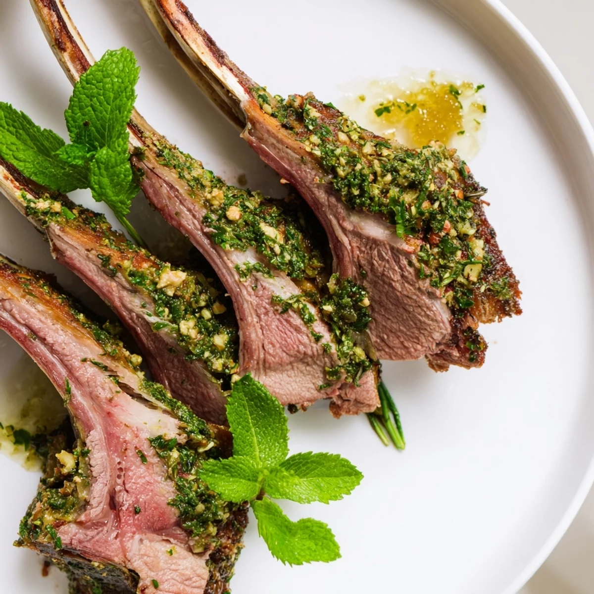 Golden-brown herb-crusted lamb chops from a roasted rack, garnished with fresh mint and a side of mint jelly.  