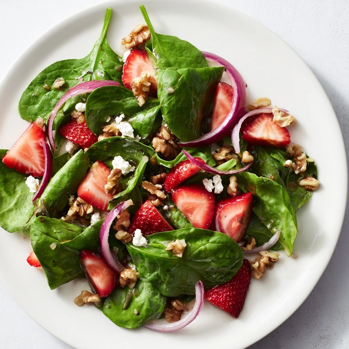 A vibrant Strawberry Walnut Spinach Salad with sliced strawberries, toasted walnuts, and crumbled feta tossed in a tangy balsamic vinaigrette.