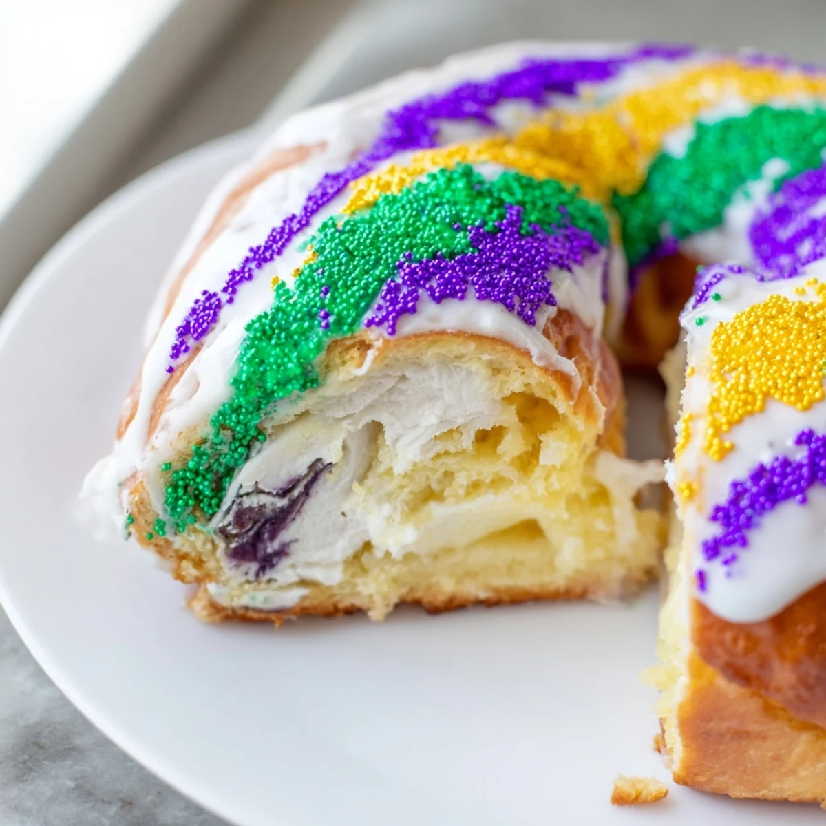 Freshly baked Mardi Gras King Cake featuring a sweet cream cheese filling and a golden, cinnamon-scented bread ring.