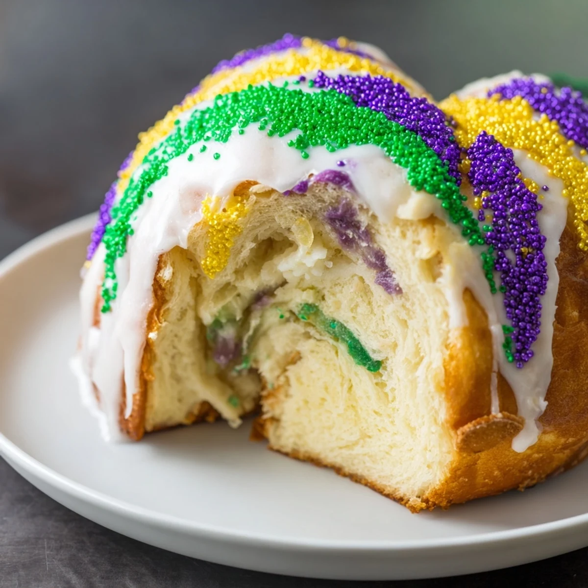 A festive Mardi Gras King Cake with vibrant purple, green, and gold sugar topping, ready for a New Orleans celebration.