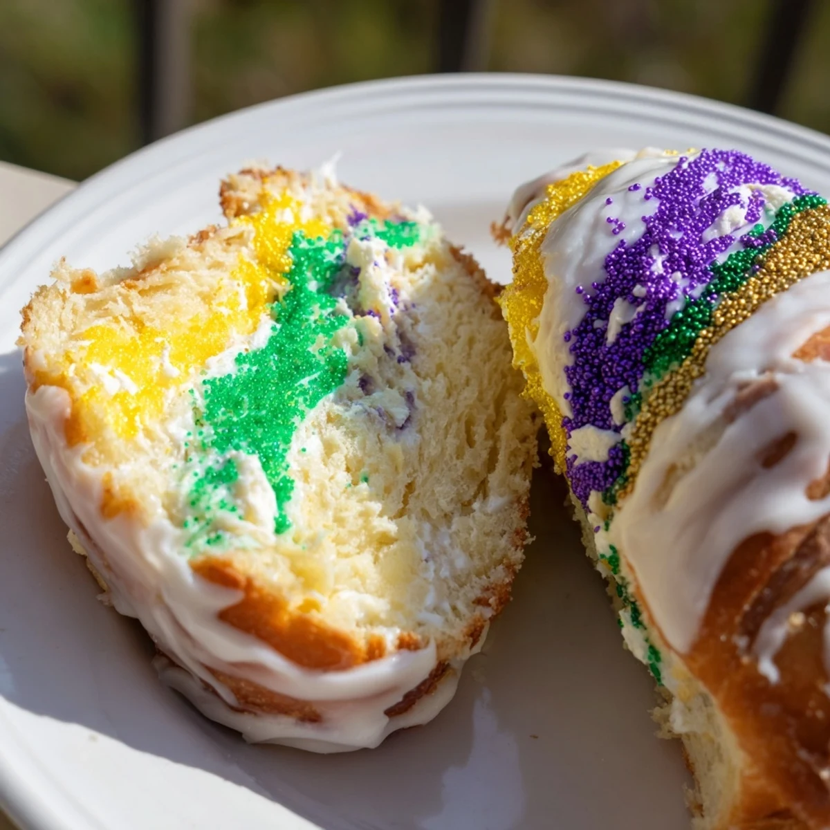 Glazed Mardi Gras King Cake displayed on a wooden board, perfect for Fat Tuesday parties and colorful dessert spreads.